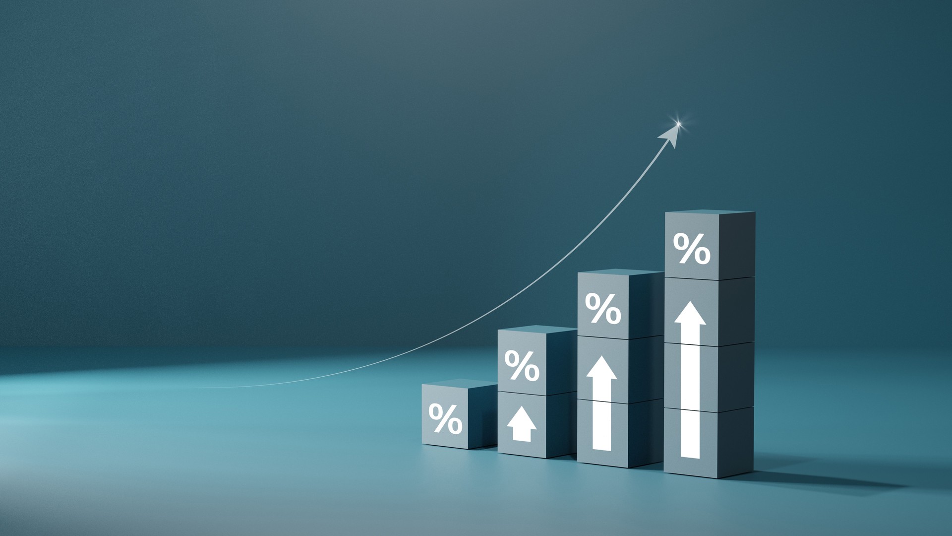 Wooden blocks with percentage signs showing an upward trend, concept of interest growth.